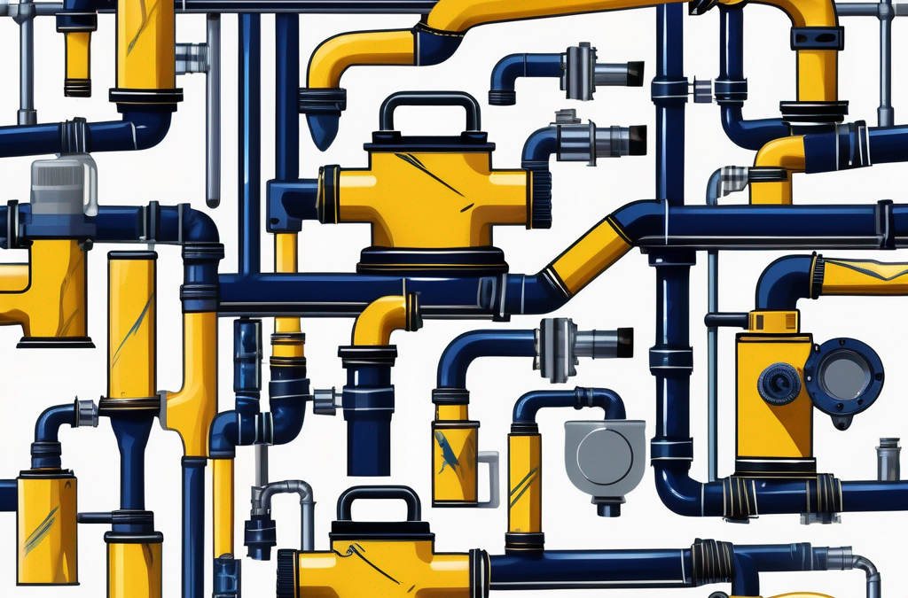 Various pipes and plumbing tools neatly arranged