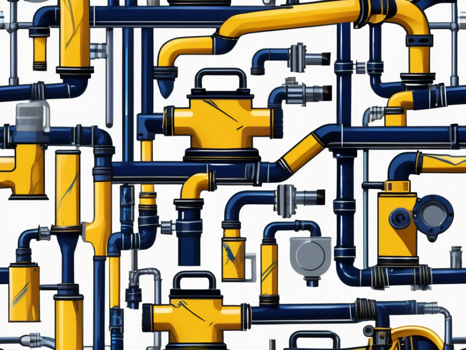 Various pipes and plumbing tools neatly arranged