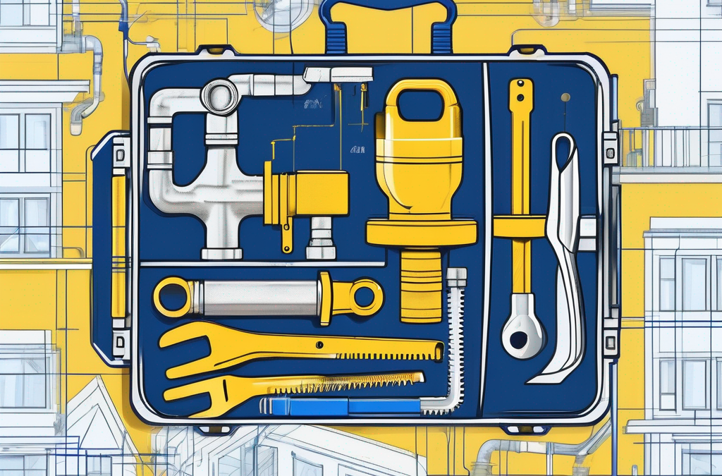 A toolbox filled with various plumbing tools next to a blueprint of a residential building