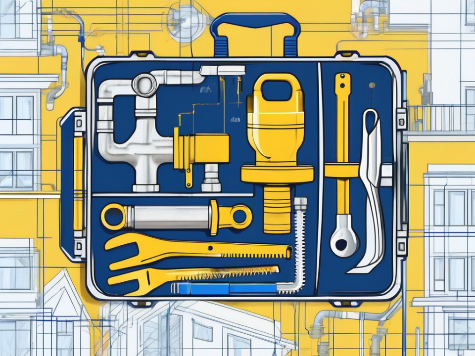 A toolbox filled with various plumbing tools next to a blueprint of a residential building